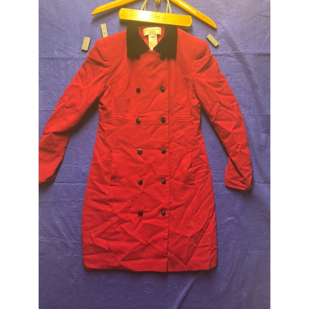 Vintage Womens Jones New York Dress Wool Coat‎ Dress 4 Red Black Velvet Collar
